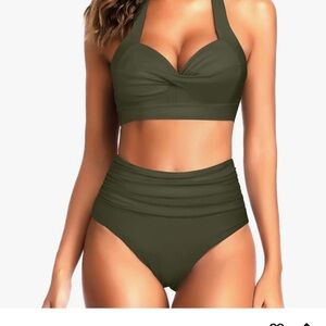 Tempt Me Two Piece Vintage Swimsuit Halter Ruched High Waist Bikini with Bottom